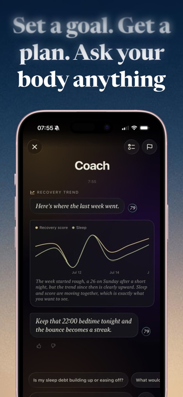 Set a goal, get a plan, ask your body anything — the Woah Coach reading your recovery trend