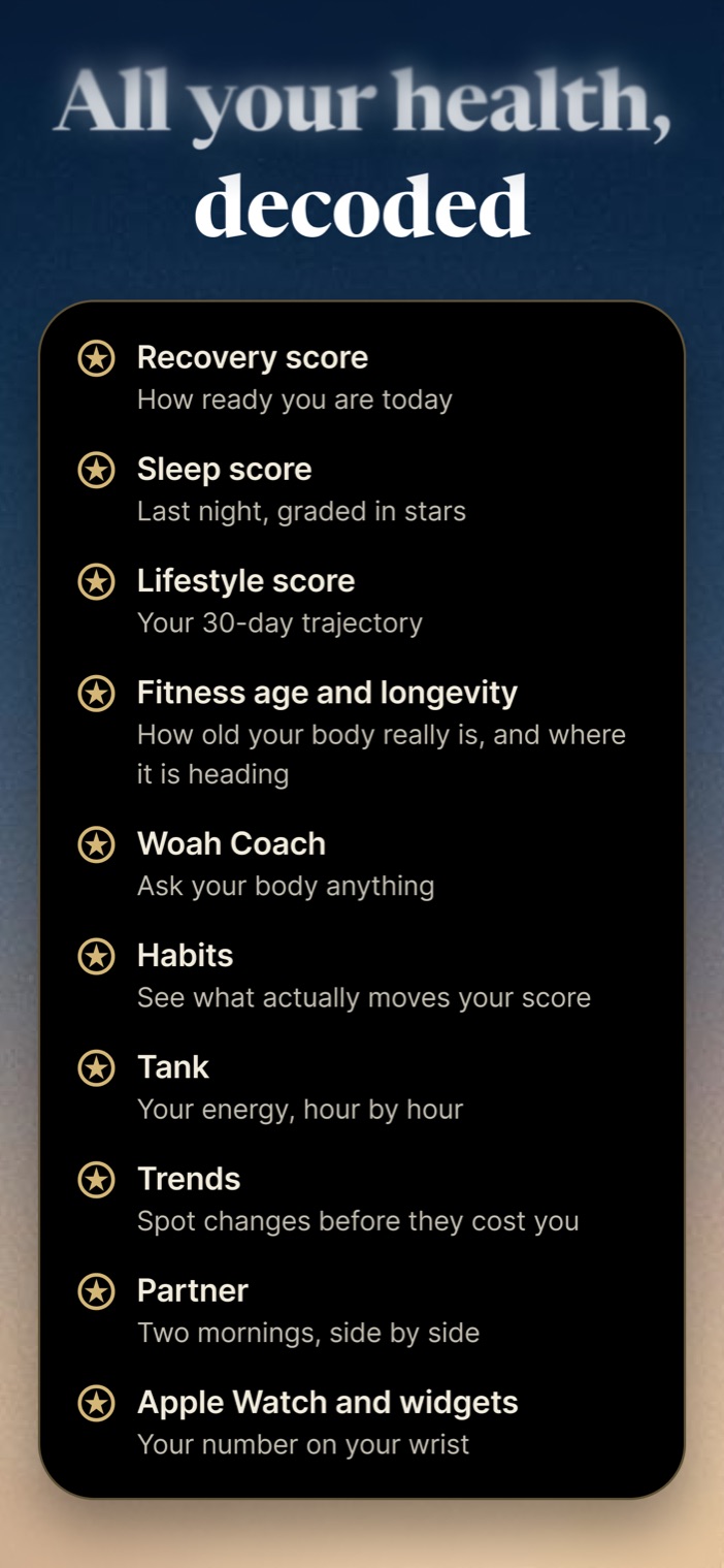All your health decoded — recovery, sleep and lifestyle scores, fitness age, coach, habits, tank, trends, partner and widgets